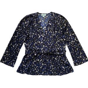 Veronica M. Blue Black Watercolor‎ Abstract Print Wrap Tie Blouse V-Neck Small